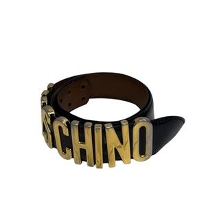 Classic Moschino Black Leather Belt with Gold Logo Letters